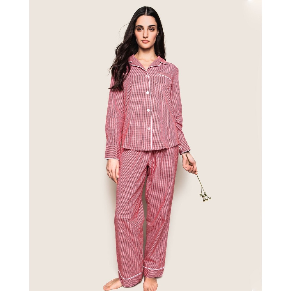 Petite Plume Red Gingham Cotton Pajama Set Womens XS Long Sleeve Button Down